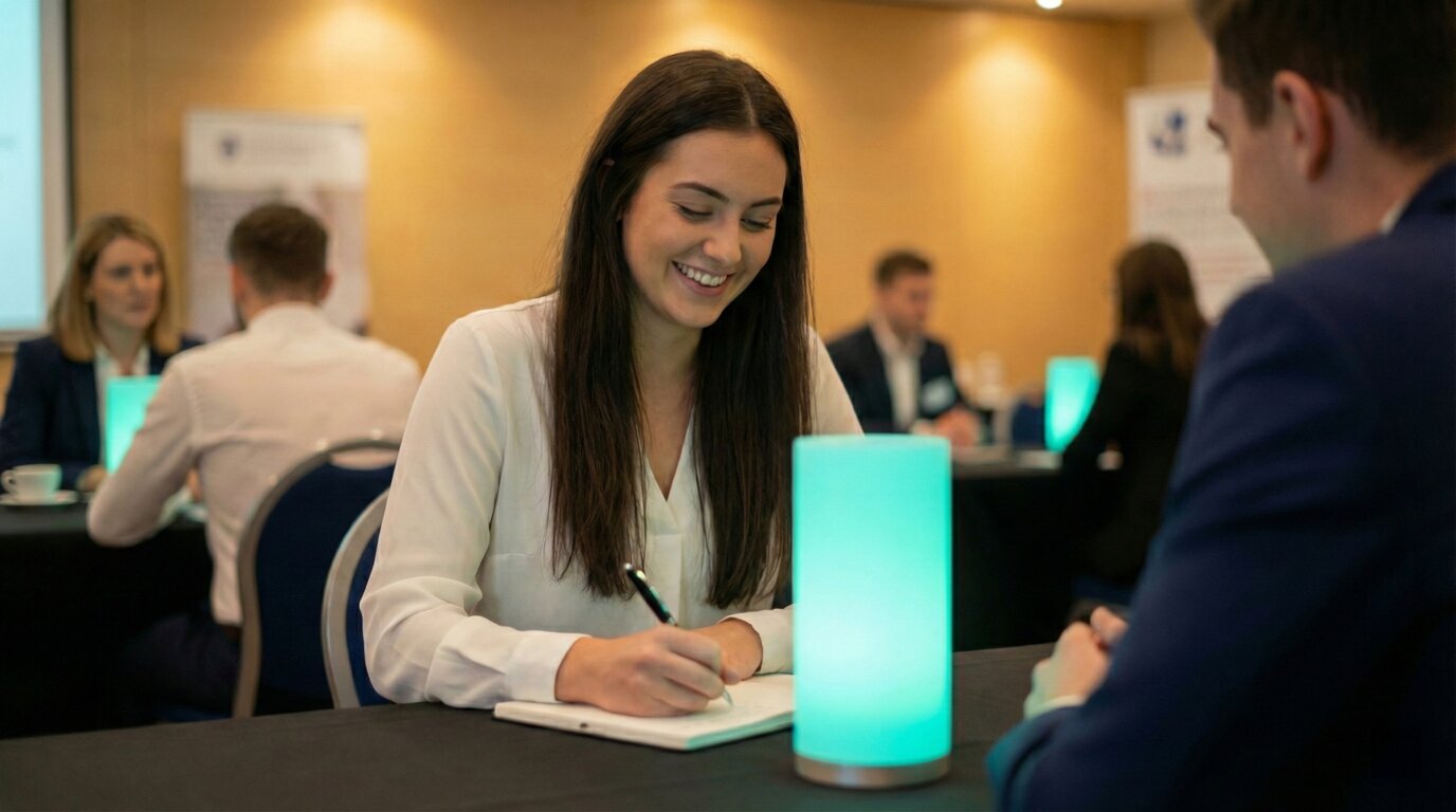 Speed-meeting en cours — étudiante et recruteur en discussion avec lampe LED